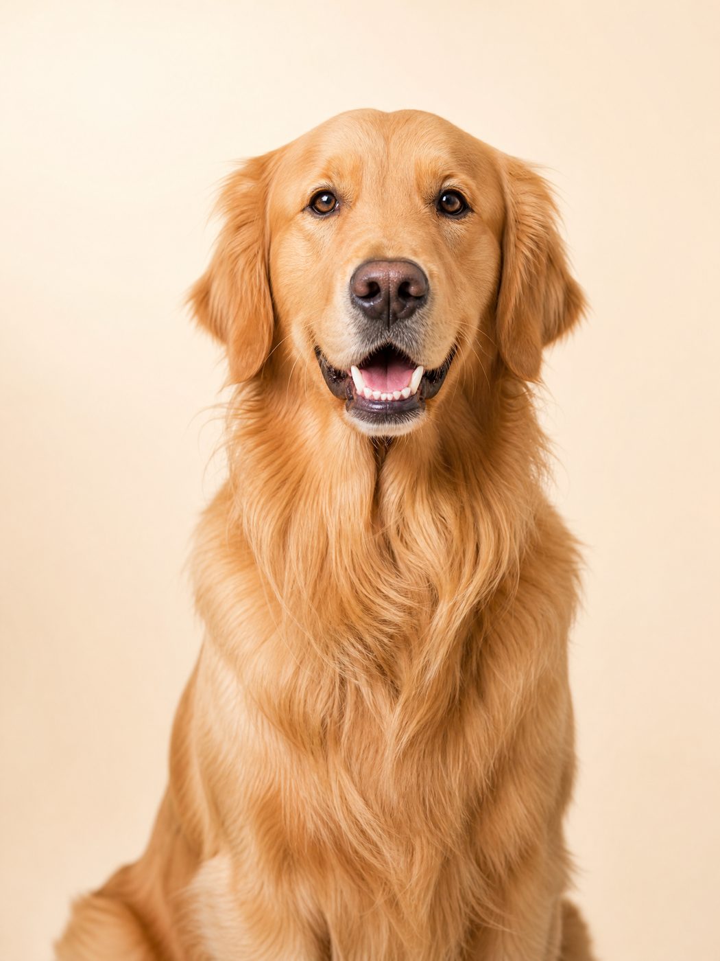 A happy golden retriever with clean healthy teeth