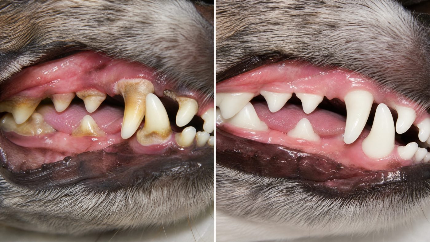 Before and after comparison of a dog's teeth